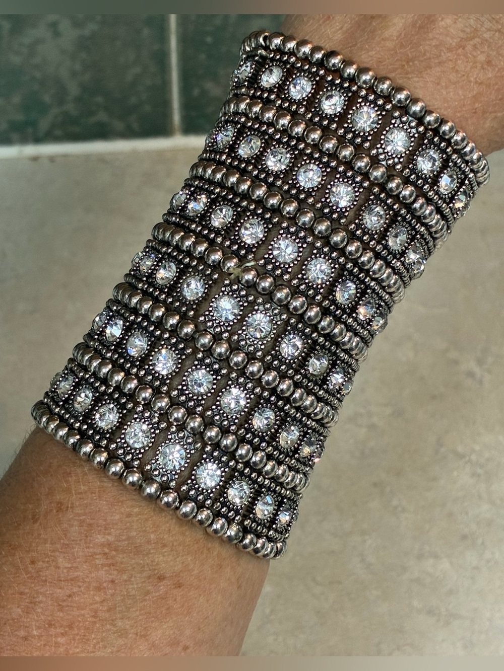 Large Bling Cuff Stretch Bracelet Crystal Silver Tone Wide Beaded Vintage